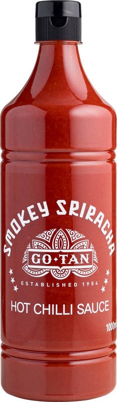 Go-Tan 1L Smokey Sriracha, savunmakuinen tulinen chilikastike