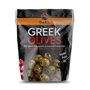 Gaea 150g kivettömät vihreät oliivit chili & mustapippuri